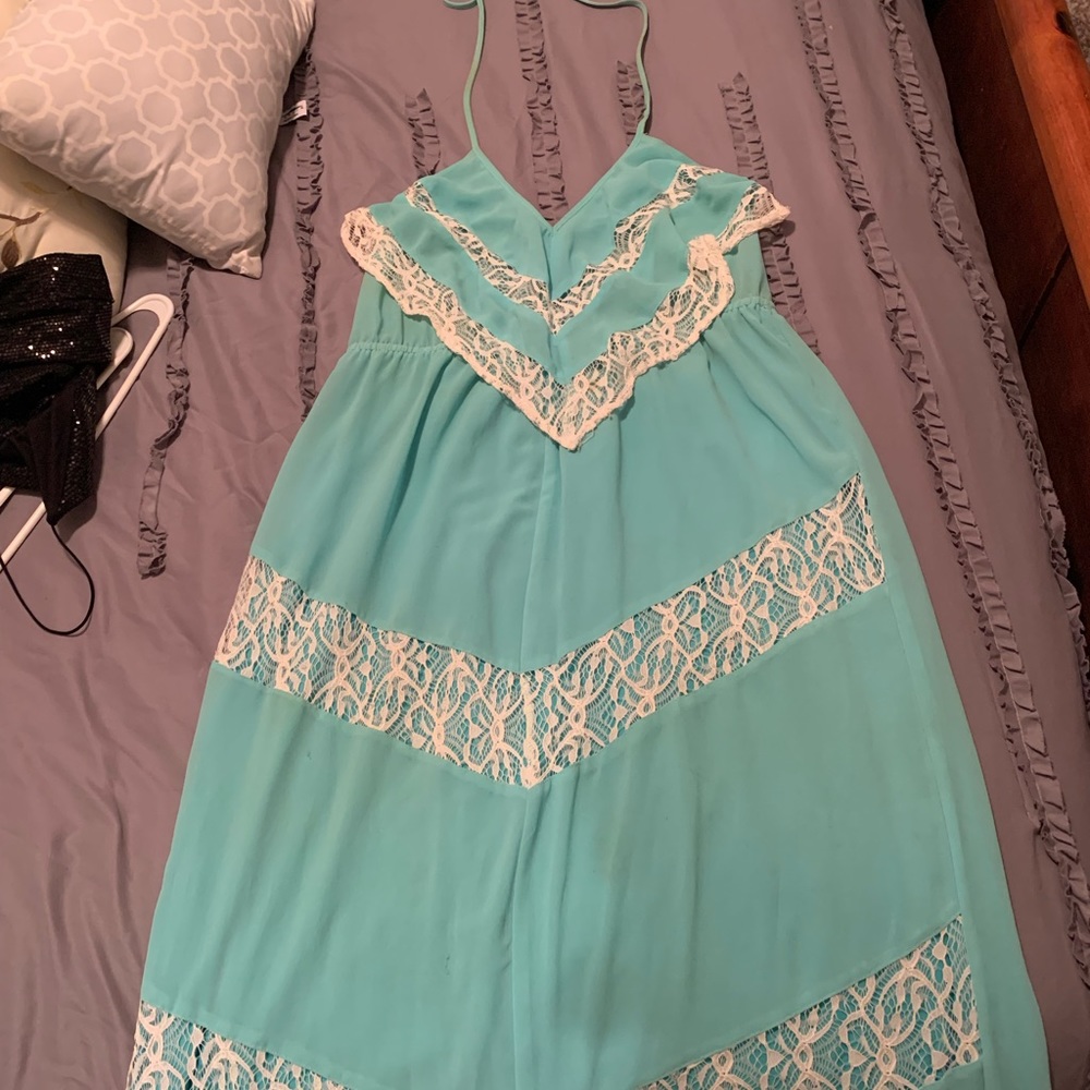 Turquoise blue open back maxi dress!